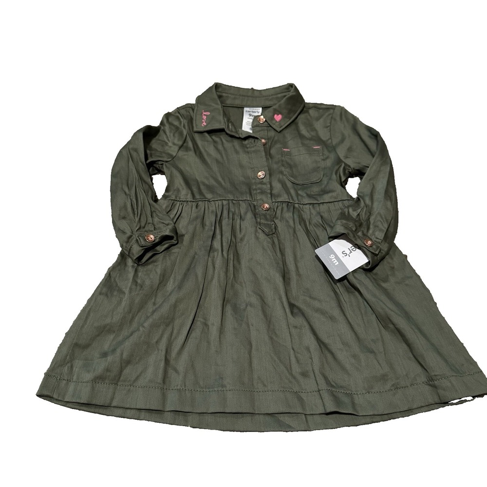 Carters Dark Green Olive Long Sleeve Baby Dress 9 Months Embroidered Holiday NEW